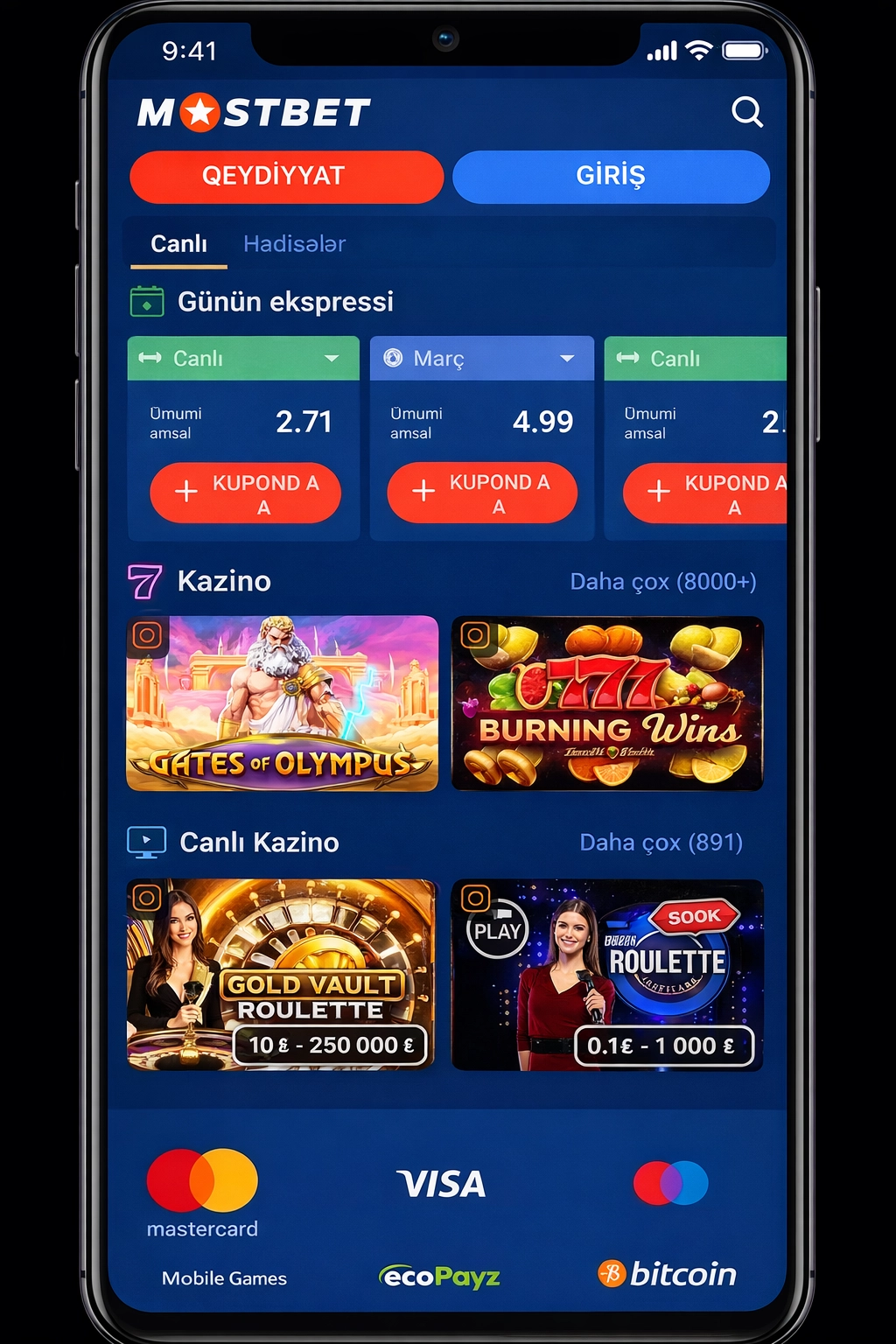 Mostbet 5 tətbiqinin ekran görüntüsü